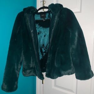 Forever 21 Emerald Hooded faux fur jacket